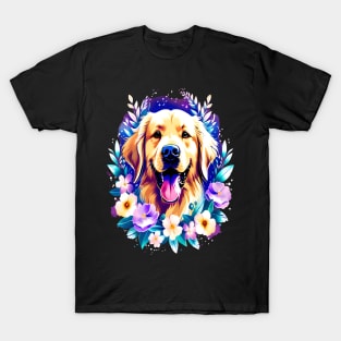 Cute Golden Retriever Surrounded by Beautiful Flowers T-Shirt